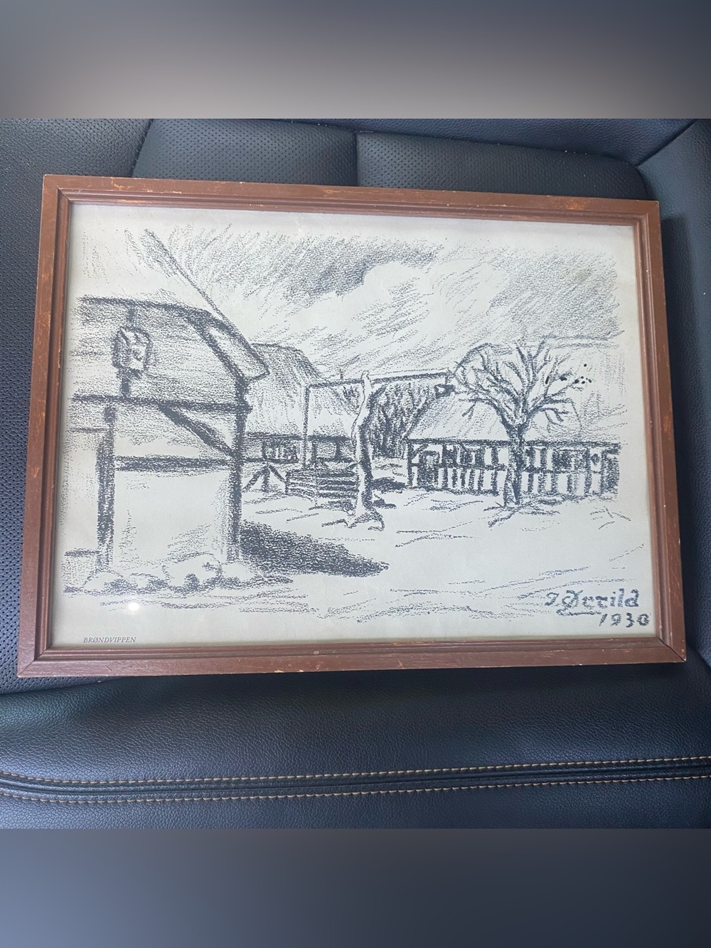 Vintage Scandinavian 1930 Danish Charcoal Art "Brøndvippen" by J. Ørrild 1930